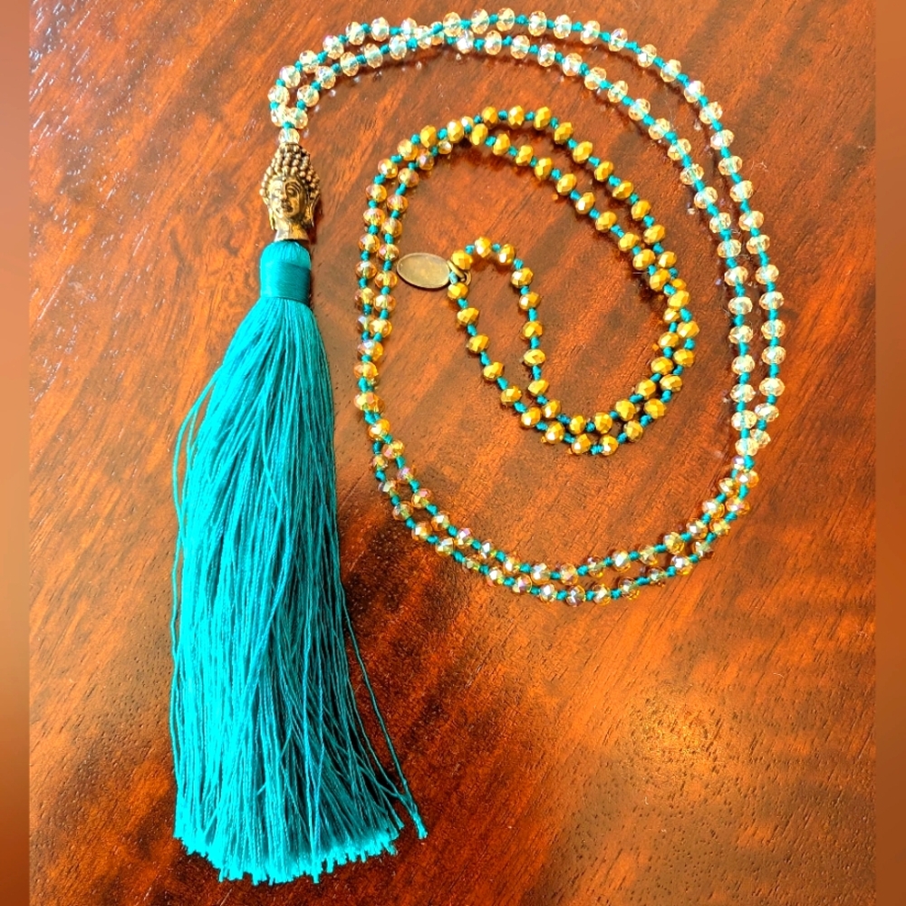 Zacasa Buddha Bead Turquoise Silk Tassel 19" Long Strand Necklace